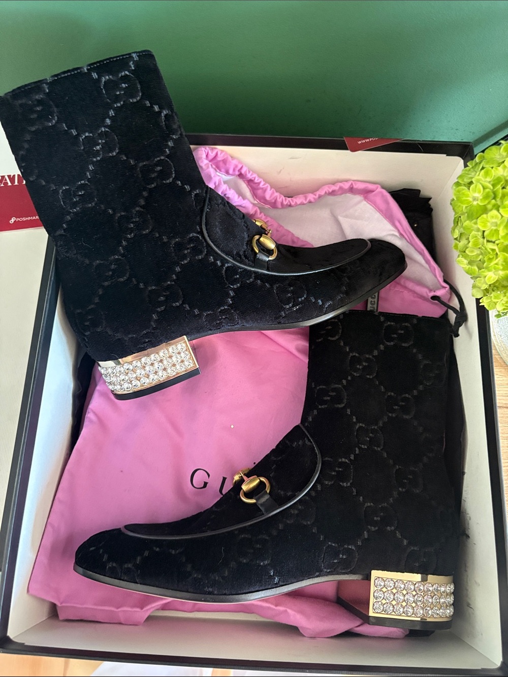 Gucci Black Velvet Ankle Boots with Crystal Block Heel